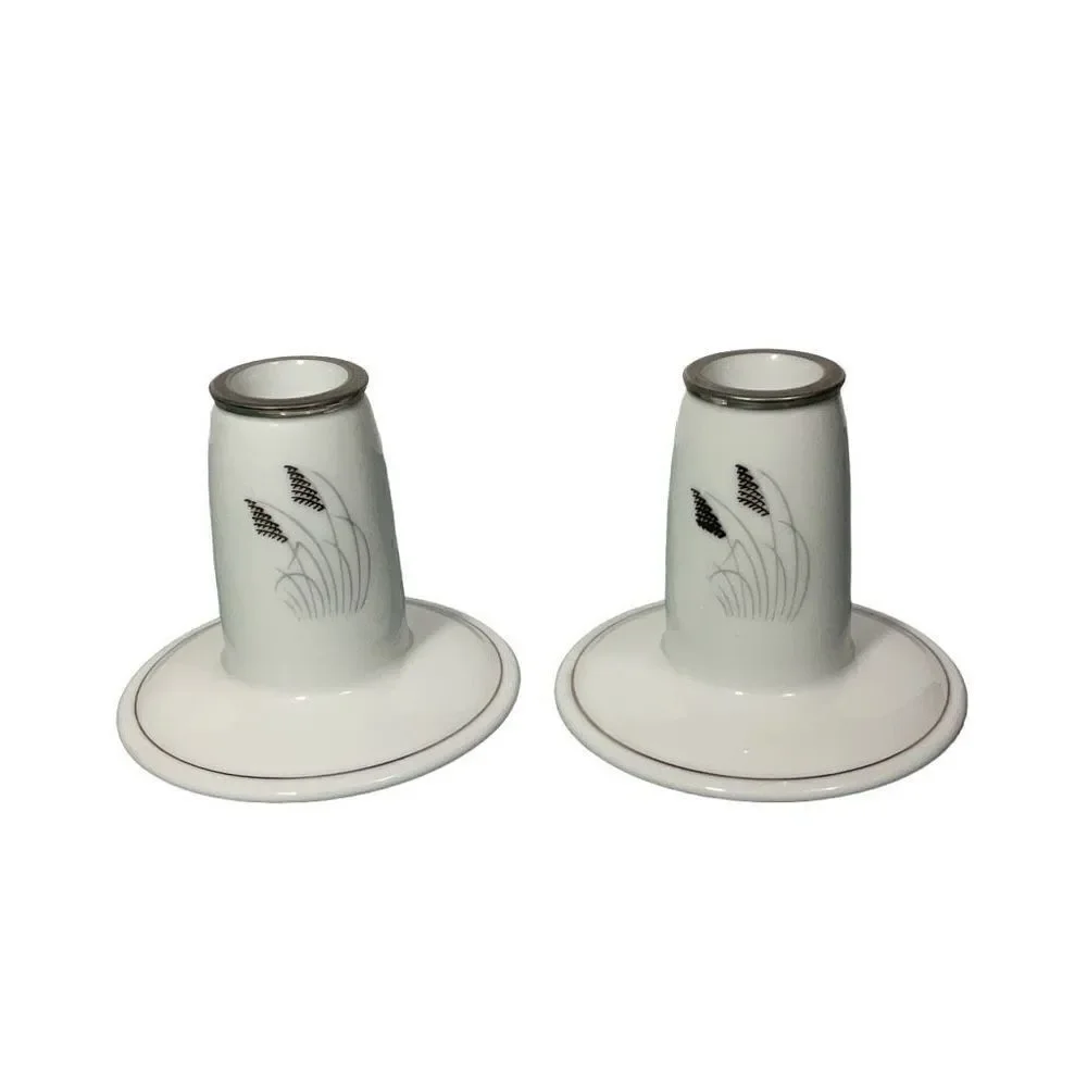 Fukagawa Arita Mid Century Modern Porcelain Taper Candle Holders Silver White